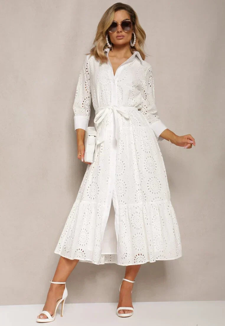 Women's midi dress – Broderie anglaise – Relaxed fit – Belt – Buttons – Collar