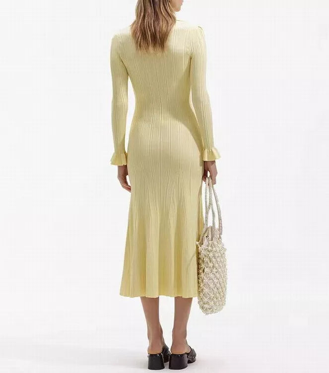 Dress for Women – Ribbed Knit Maxi Dress – Mermaid Shape – Long Sleeves – Shirt Collar