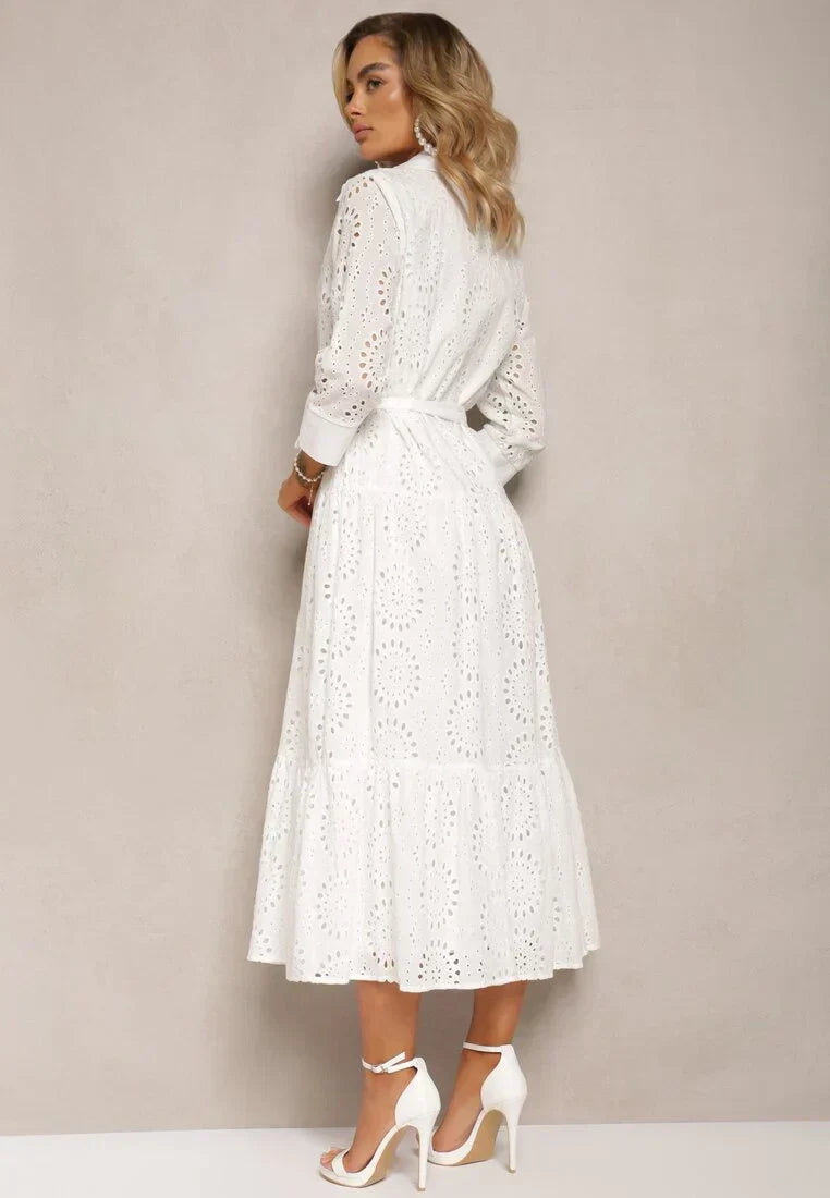 Women's midi dress – Broderie anglaise – Relaxed fit – Belt – Buttons – Collar