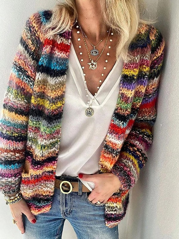 Women's Cardigan – Relaxed Fit – Soft Chunky Knit – Open Front – Striped Design