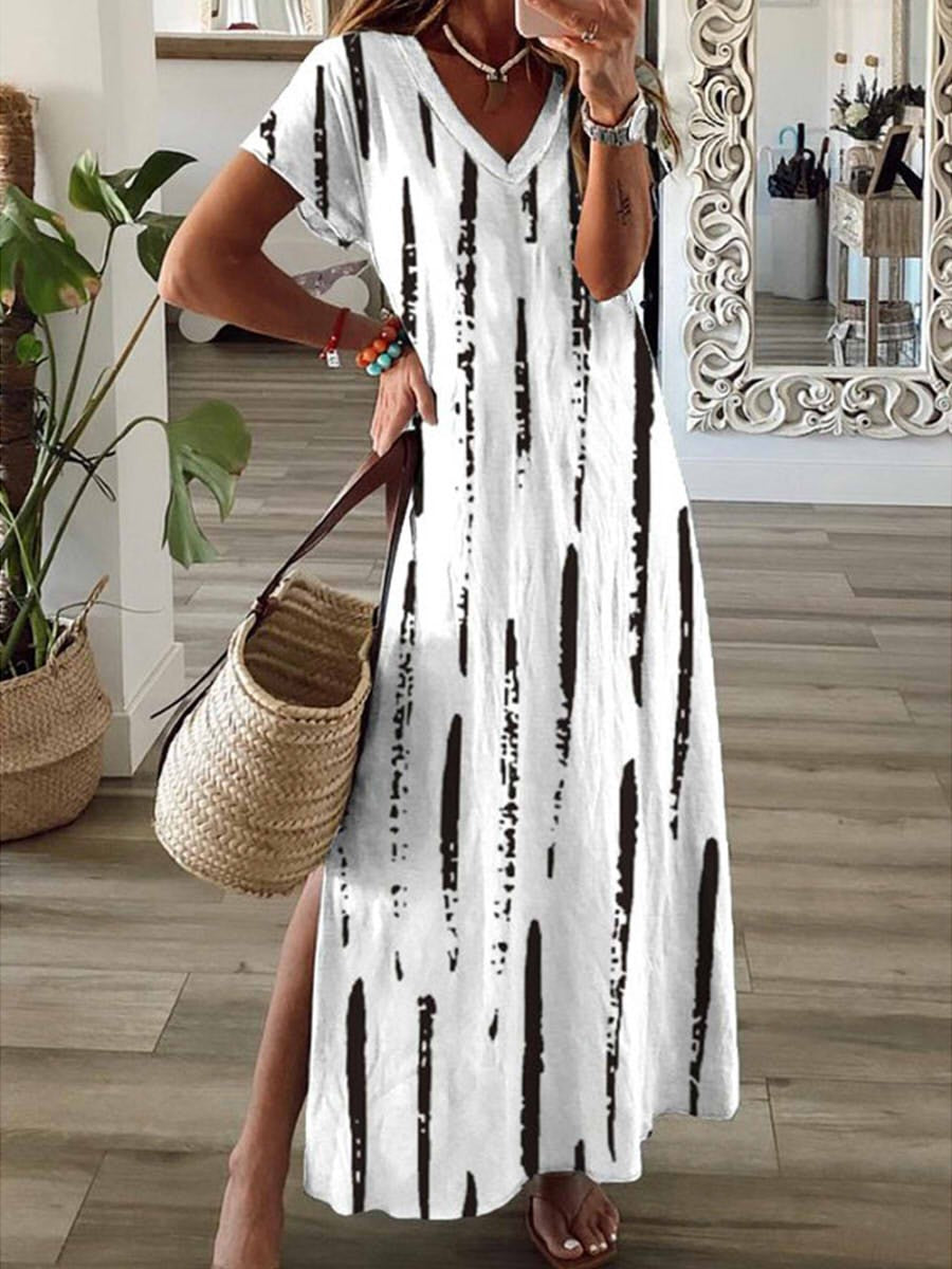 Women's Maxi Dress – Relaxed Fit – V-neck – Short Sleeves – Breathable Fabric