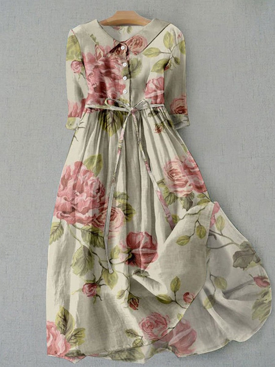 Dress women midi – vintage floral pattern – belt at the waist – 3/4 sleeves – breathable fabric