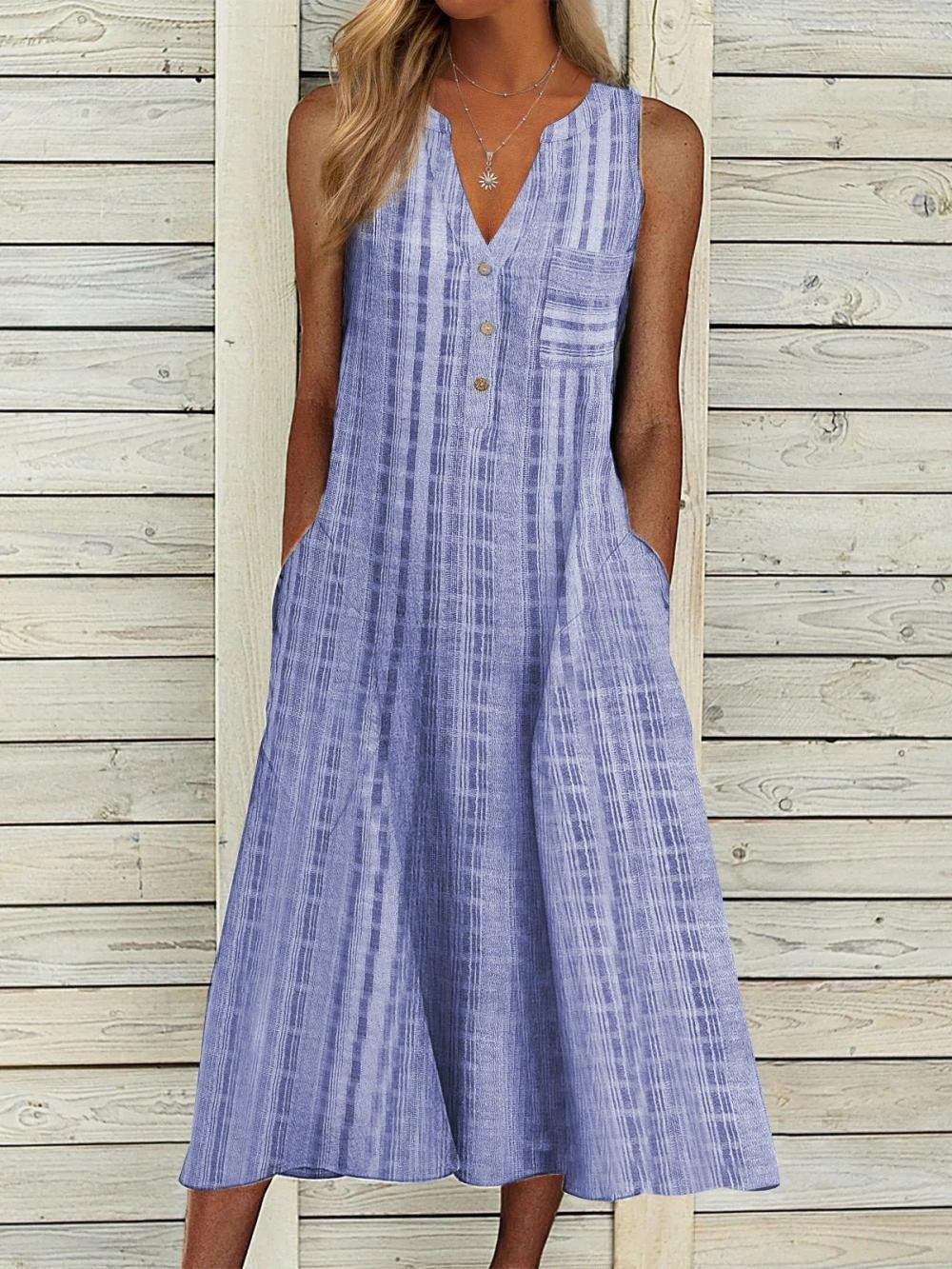 Dress for Women – A-line Fit – Breathable Fabric – V-neck – Midi – Buttons – Pockets