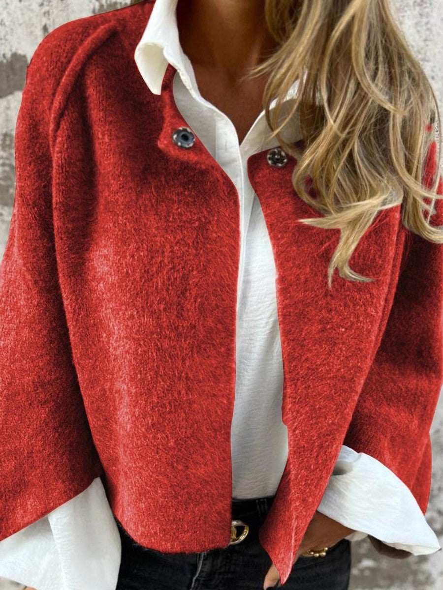 Women's Coat – Relaxed Fit – Soft Wool Texture – Round Neck – Button Front – Short Length