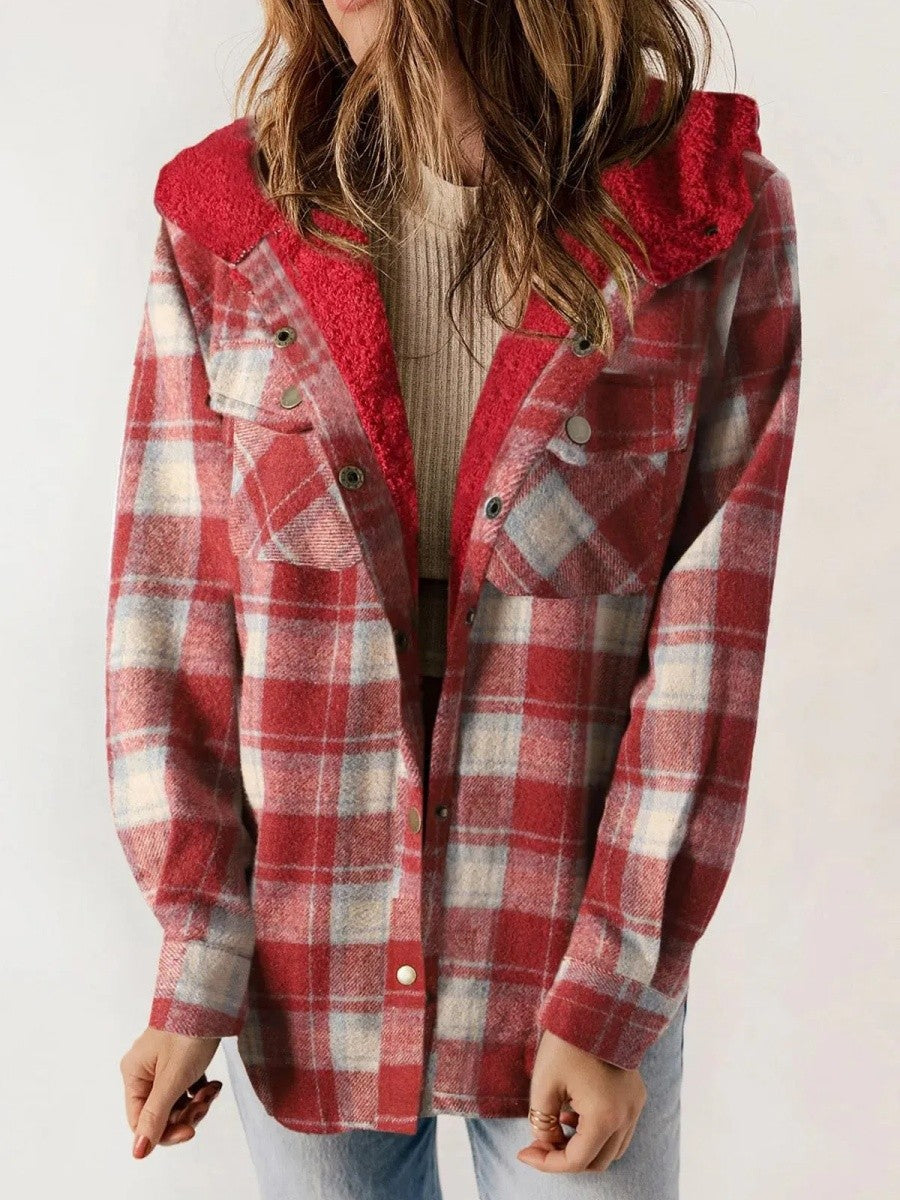 Women's Shacket – Relaxed Fit – Soft Fleece Lining – Checkered Pattern – With Hood