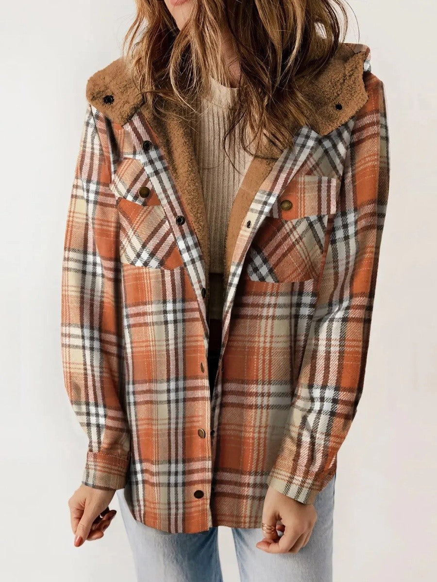 Women's Shacket – Relaxed Fit – Soft Fleece Lining – Checkered Pattern – With Hood
