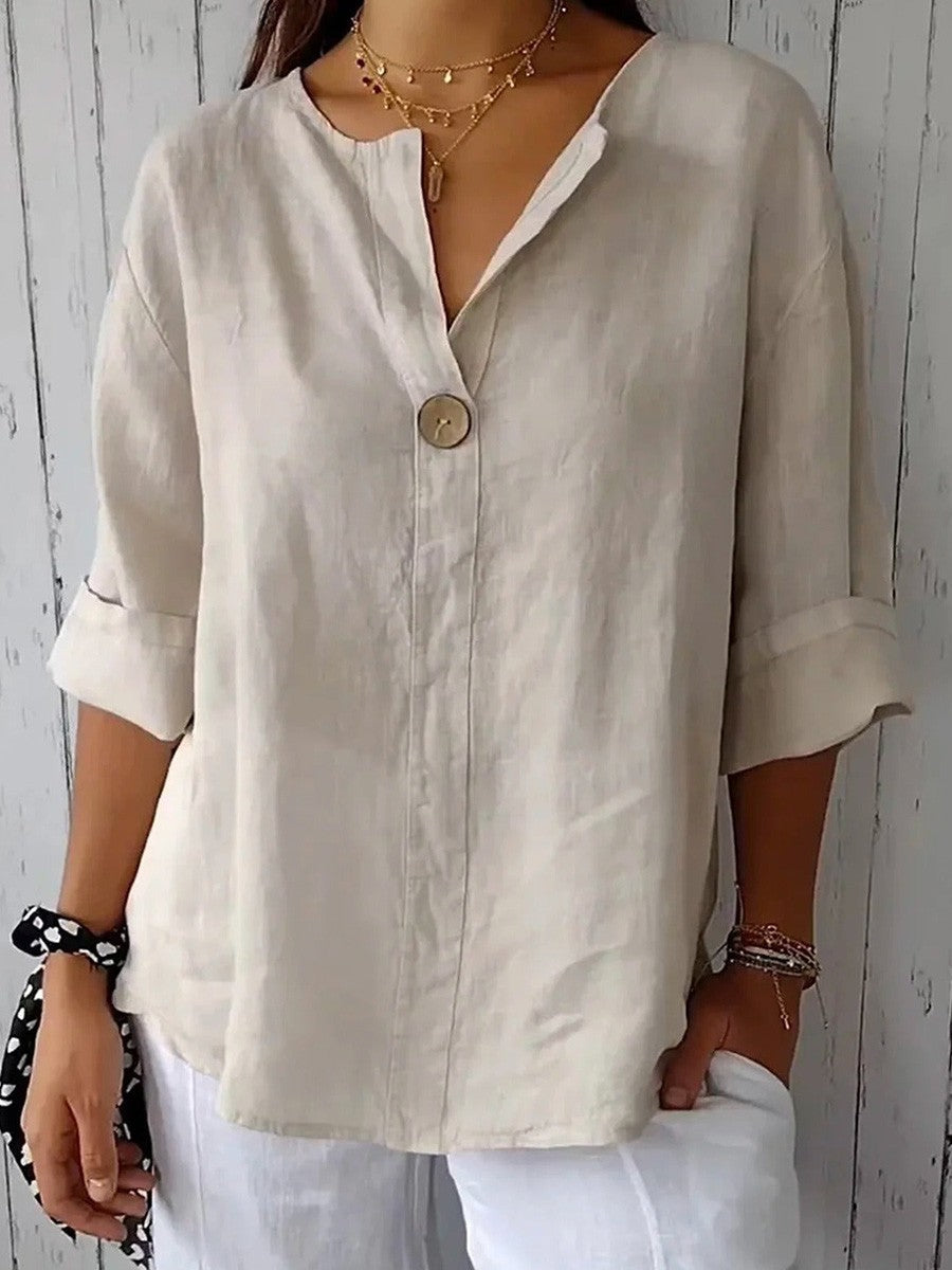 Women's Blouse – Relaxed Fit – V-neck – 3/4 Sleeves – Natural Fibers