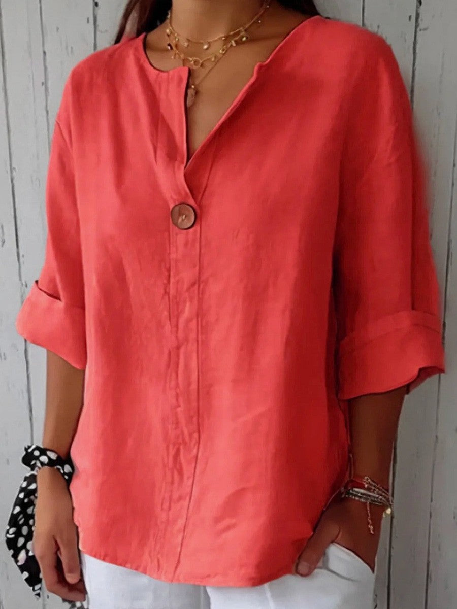 Women's Blouse – Relaxed Fit – V-neck – 3/4 Sleeves – Natural Fibers