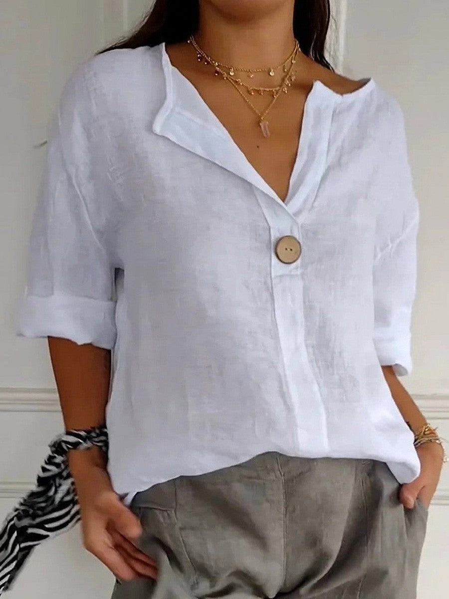 Women's Blouse – Relaxed Fit – V-neck – 3/4 Sleeves – Natural Fibers