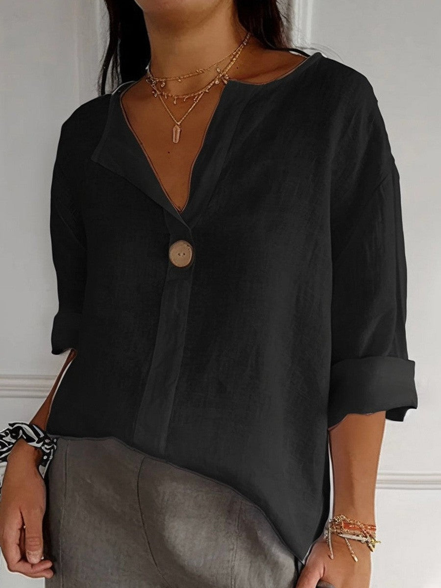 Women's Blouse – Relaxed Fit – V-neck – 3/4 Sleeves – Natural Fibers