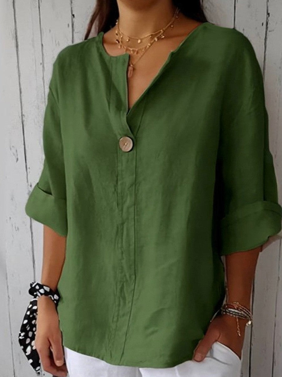 Women's Blouse – Relaxed Fit – V-neck – 3/4 Sleeves – Natural Fibers