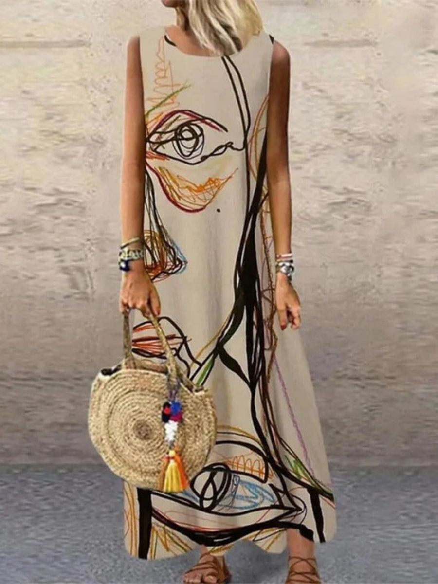 Dress for Women – Sleeveless Maxi Dress – Relaxed Fit – Natural Fibers – Abstract Pattern