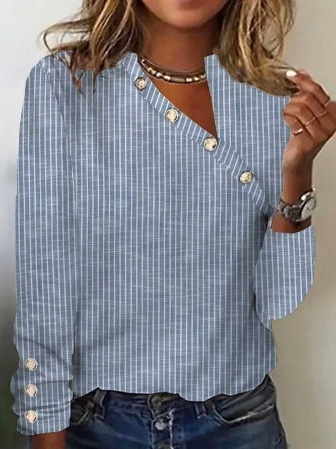Women's Blouse – Relaxed Fit – V-Neck – Striped – Breathable Fabric – Long Sleeves