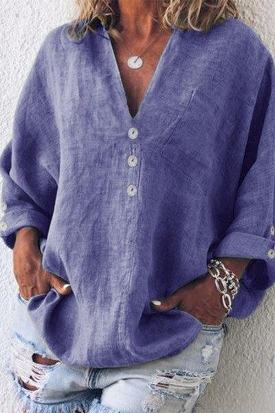 Women's Blouse – Relaxed Fit – Natural Fibers – V-Neck – Long Sleeves – Chest Pocket