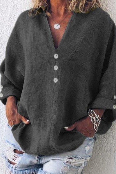 Women's Blouse – Relaxed Fit – Natural Fibers – V-Neck – Long Sleeves – Chest Pocket