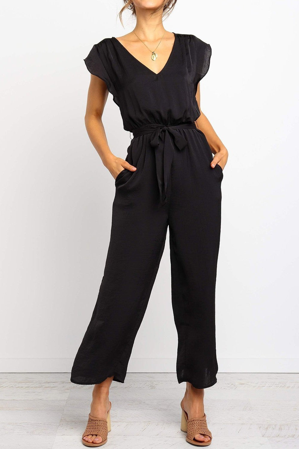Women's Jumpsuit – Relaxed Fit – V-Neck – Tie Belt – Breathable Fabric – Pockets