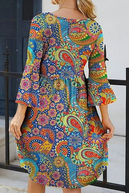 Dress for Women – Mini Length – Relaxed Fit – A-Line Cut – Paisley Pattern – 3/4 Sleeves