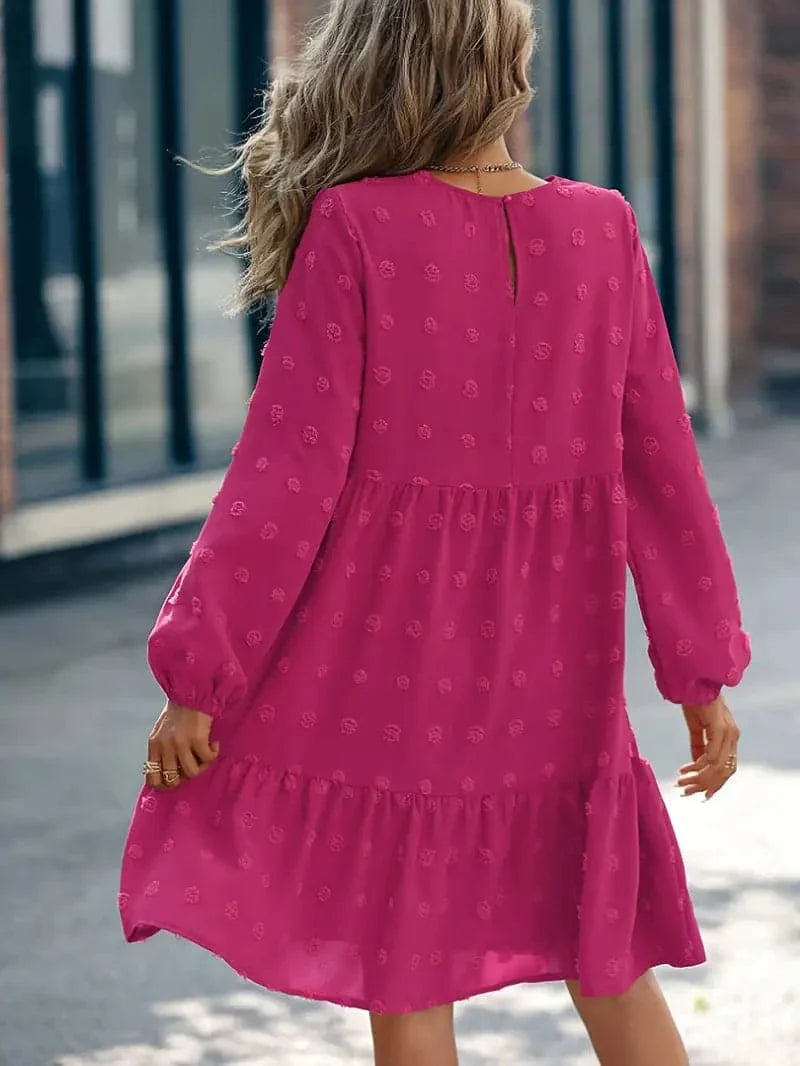 Women's Dress - Layered Design - Long Sleeves - Embroidered Texture - Comfortable Fit
