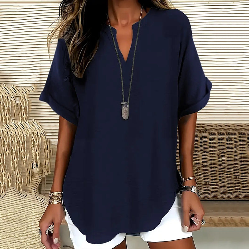 Women's Blouse – Relaxed Fit – V-Neckline – Short Sleeves – Natural Fibers