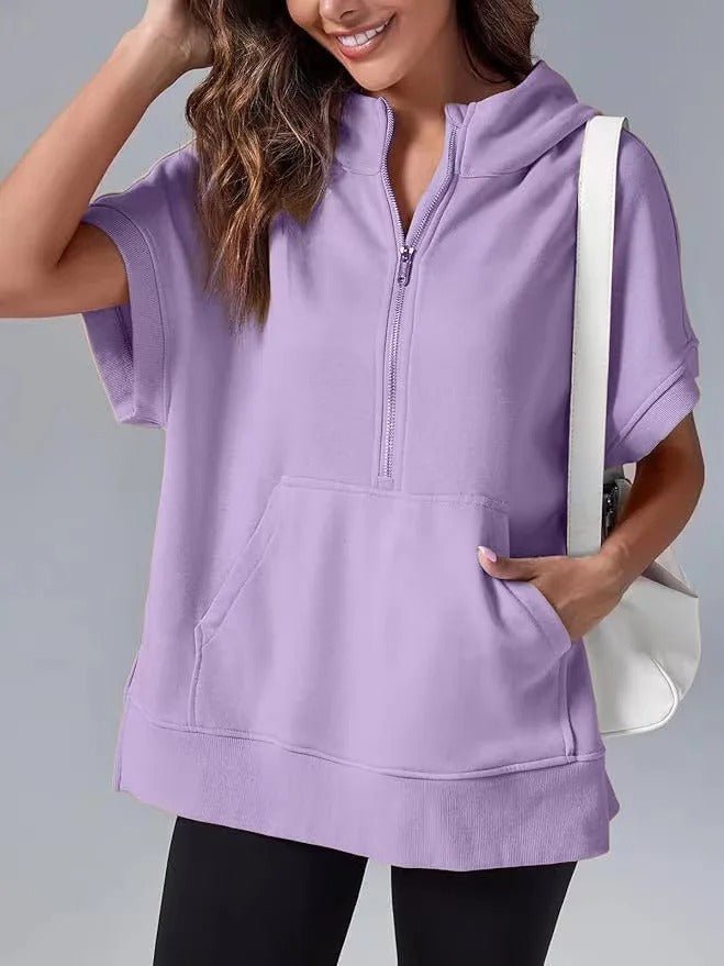 Women's Hoodie with Short Sleeves – Relaxed Fit – Cotton Blend – Zipper Neck – Kangaroo Pocket
