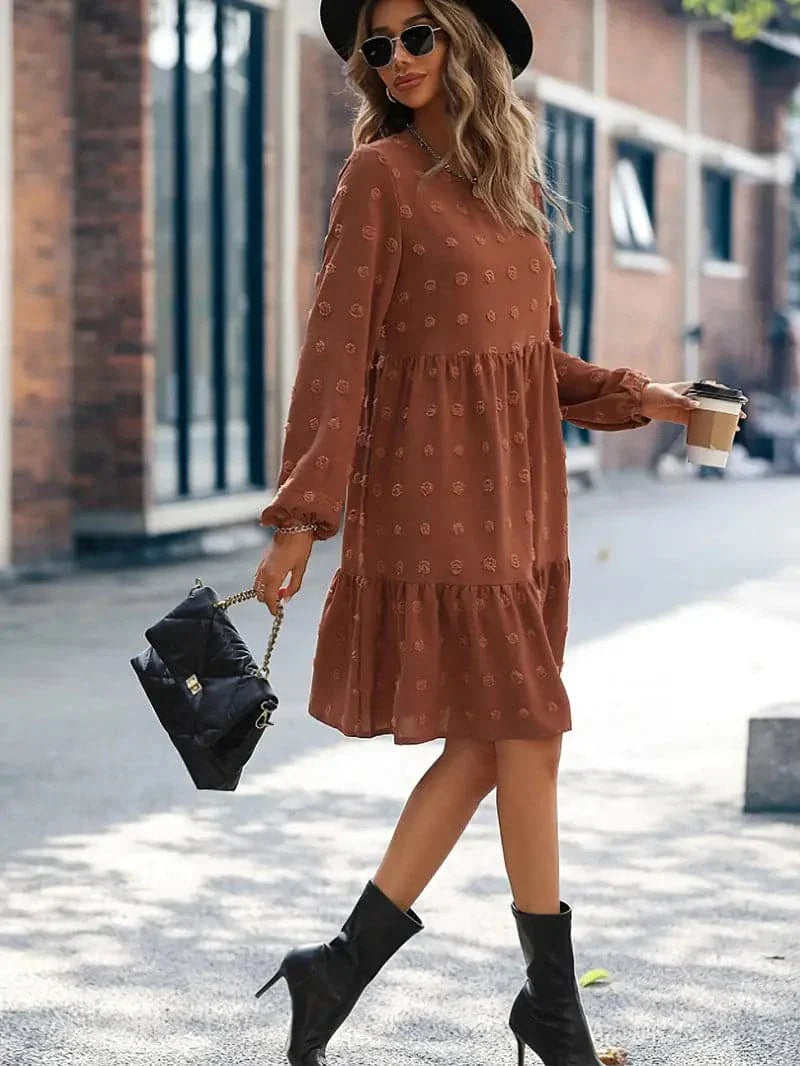 Women's Dress - Layered Design - Long Sleeves - Embroidered Texture - Comfortable Fit