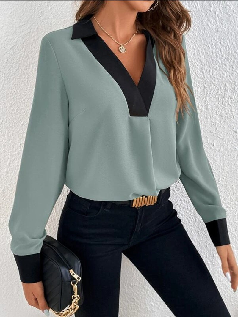 Women's Blouse – V-neck with Contrast Trim – Long-sleeved – Comfortable Fit – Breathable Fabric