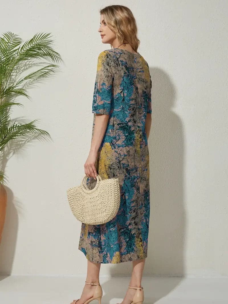 Women's Dress - Midi Length - Relaxed Fit - Elbow-Length Sleeves - Abstract Pattern