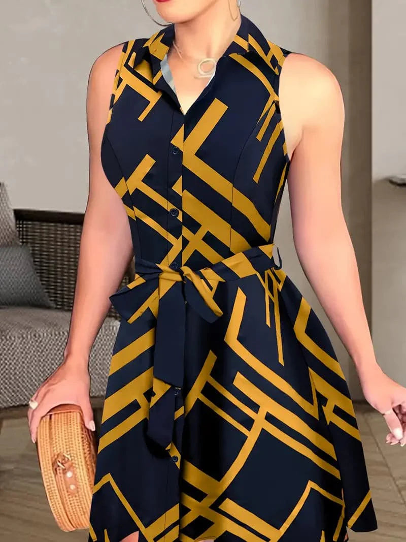 Women's Shirt Dress - Sleeveless With Buttons - Midi Length - Adjustable Waist Belt
