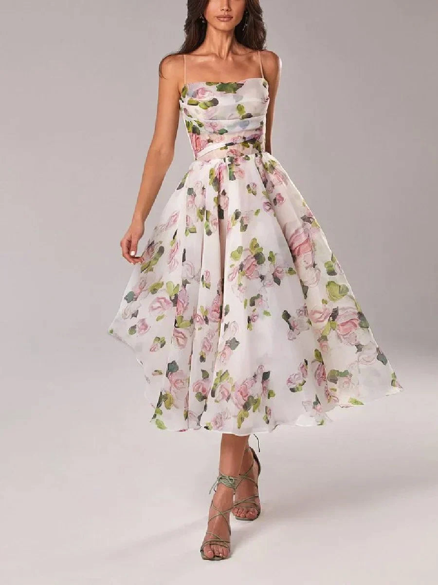 Kjole for dame – Midi lengde – Chiffon – A-linje passform – Spagettistropper – Blomsterprint
