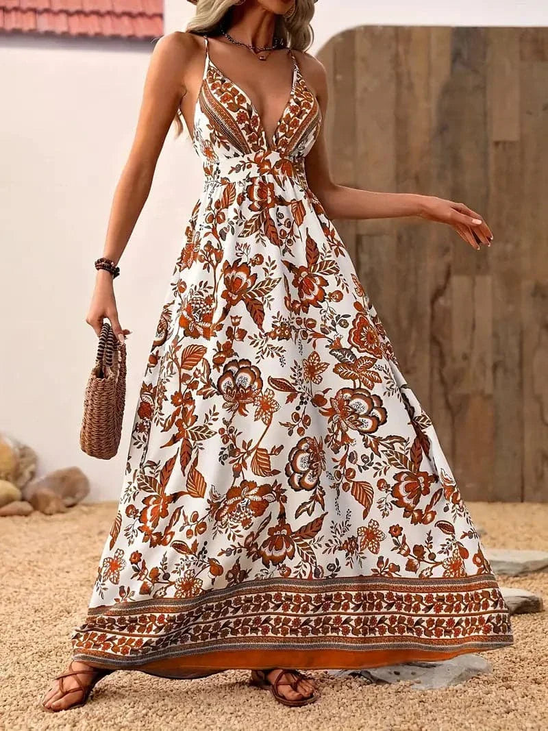 Women's Maxi Dress - V-neck Spaghetti Straps - Sleeveless A-line - Floral Print Airy Fit