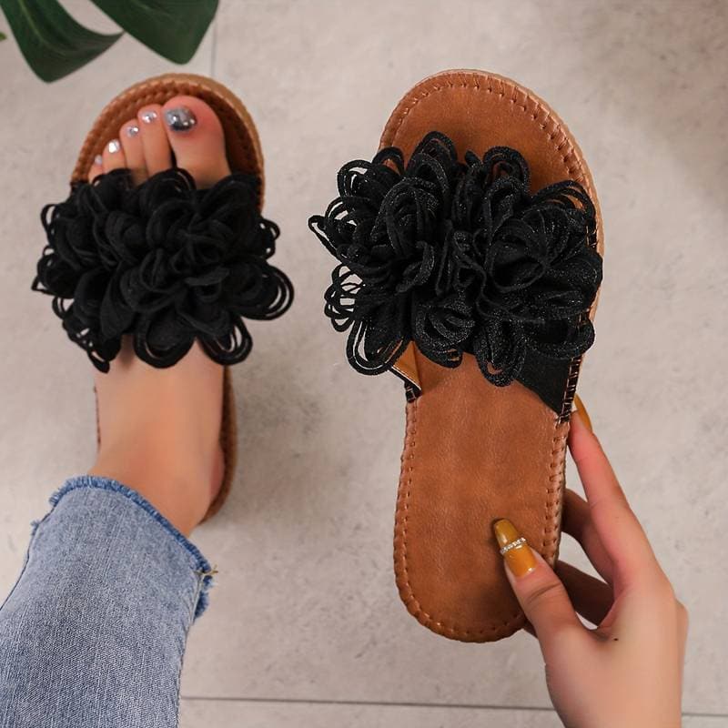 Women's Sandals - Comfortable Flat Sole - Floral Decoration - Casual and Stylish Design