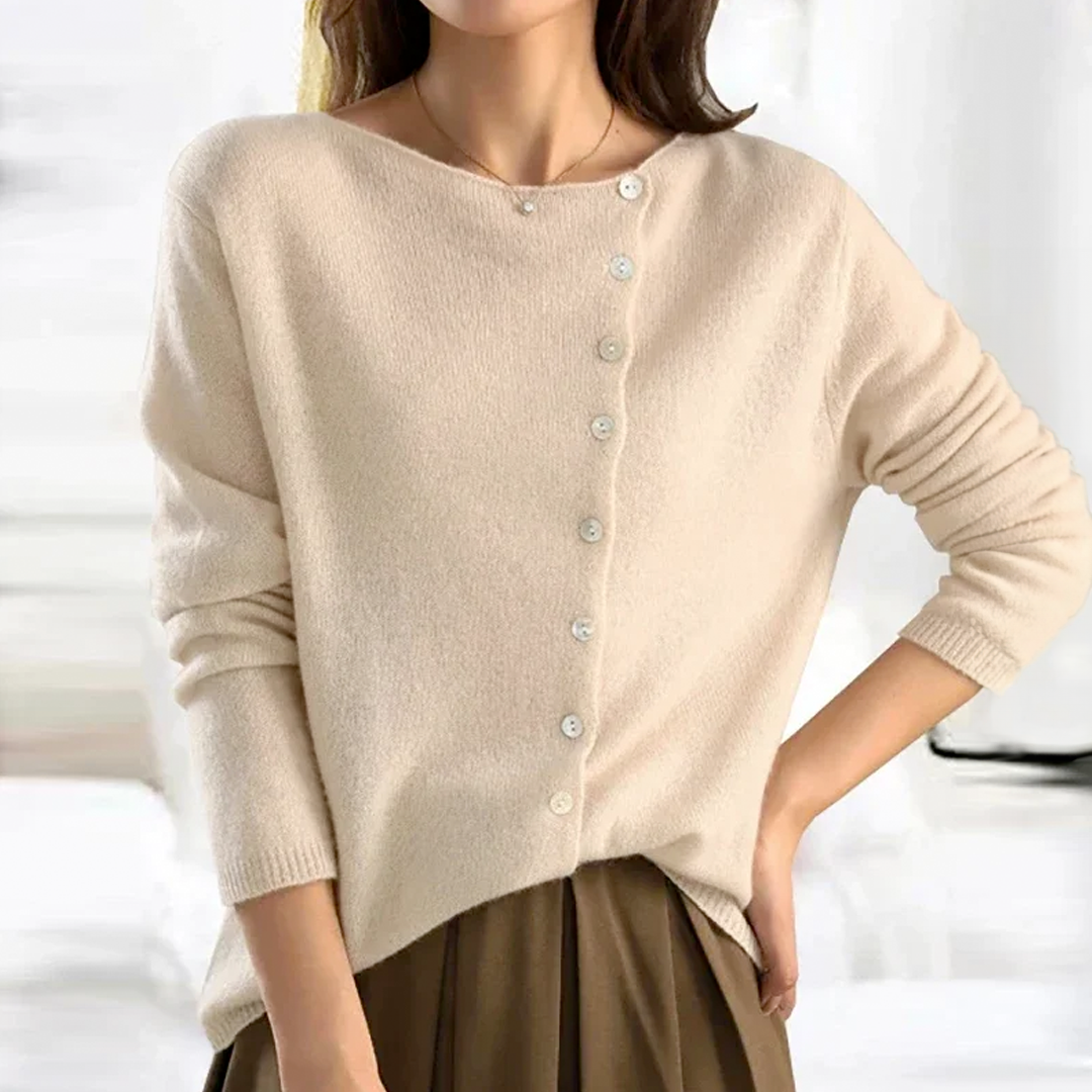 Women's Cardigan - Asymmetric Button Placket - Soft Knit - Relaxed Fit - Long Sleeves