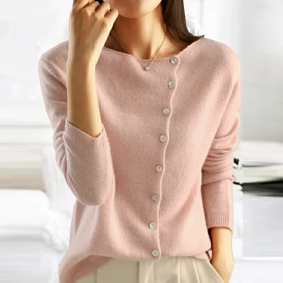 Women's Cardigan - Asymmetric Button Placket - Soft Knit - Relaxed Fit - Long Sleeves