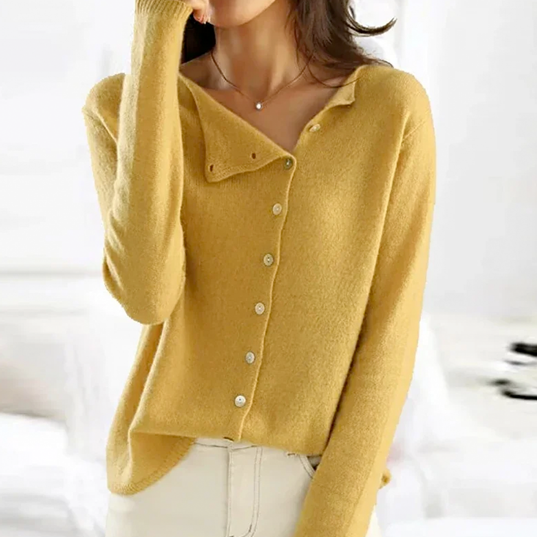 Women's Cardigan - Asymmetric Button Placket - Soft Knit - Relaxed Fit - Long Sleeves
