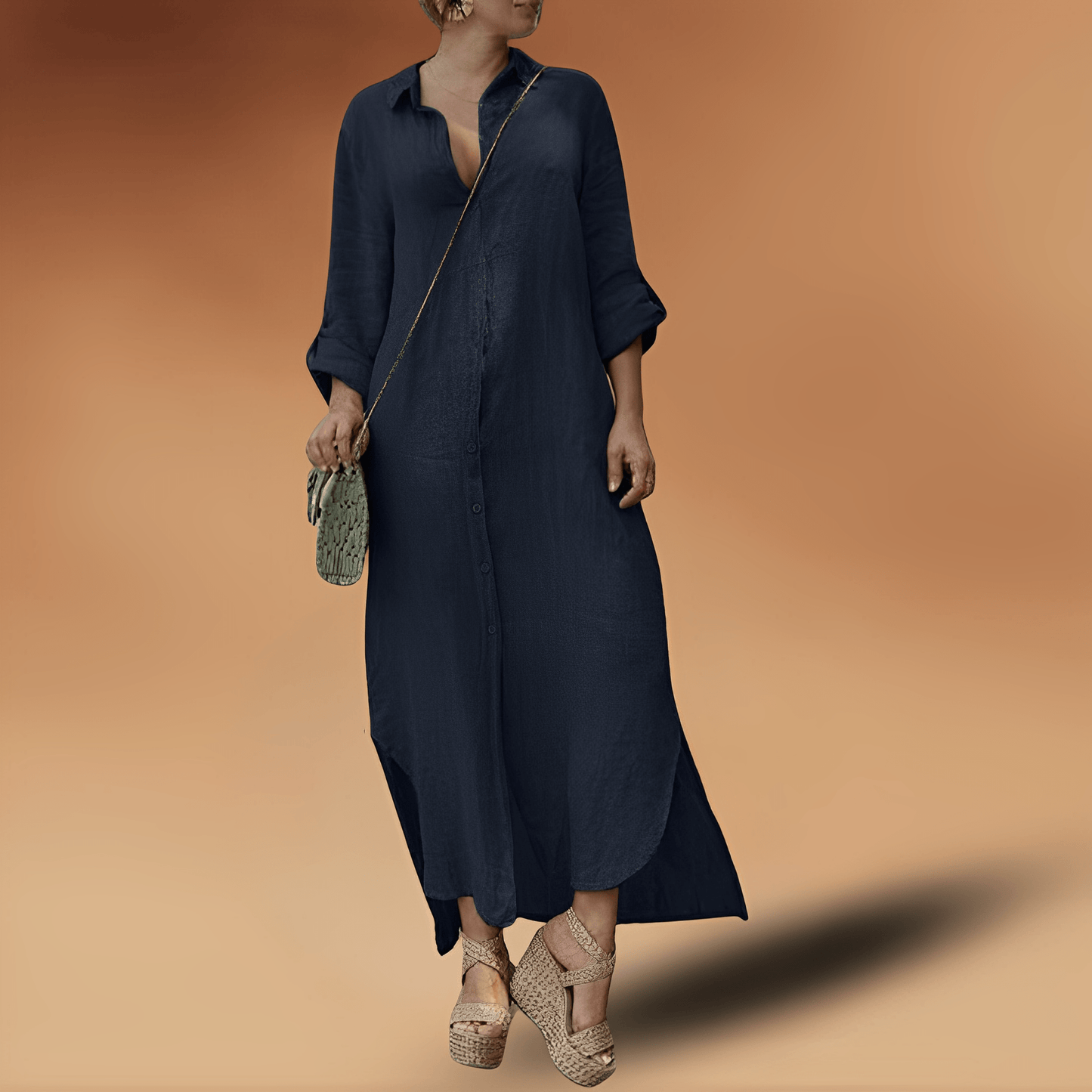 Women's Maxi Shirt Dress – Relaxed Fit – Natural Fibers – Buttons – Long Sleeves