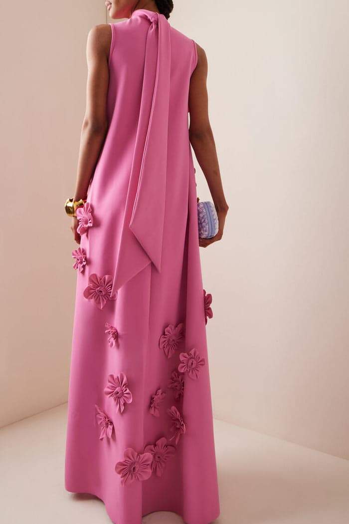 Dress woman – Maxi length – Silky fabric – Loose fit – 3D flower application – High neck