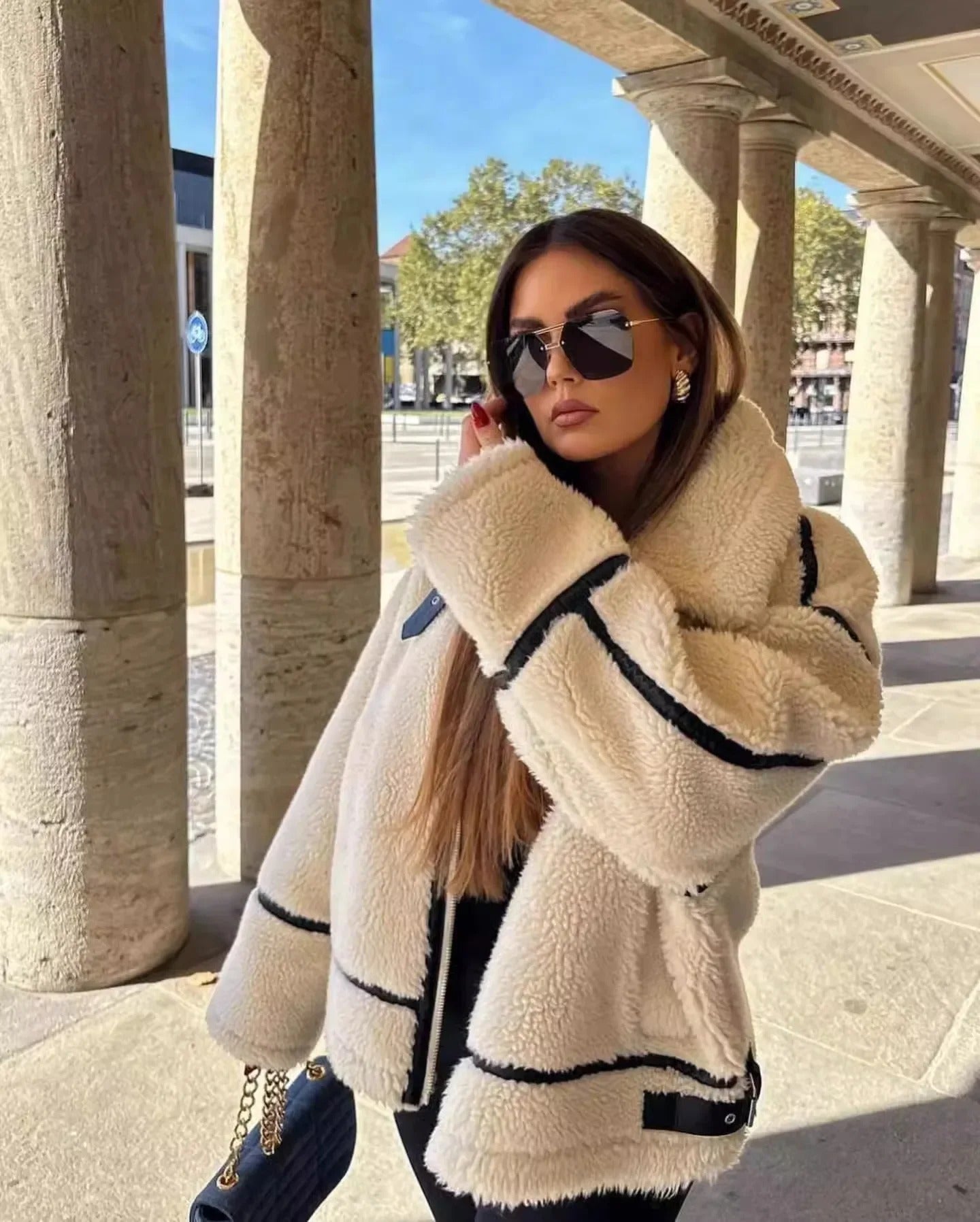 Charlotte Oversized Teddy Jacket | Contrast Trim High Neck Jacket