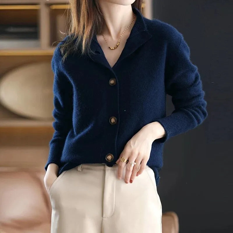 Women's Cardigan - Wool Blend - Soft and Warm - Elegant Shawl Collar - Button Closure