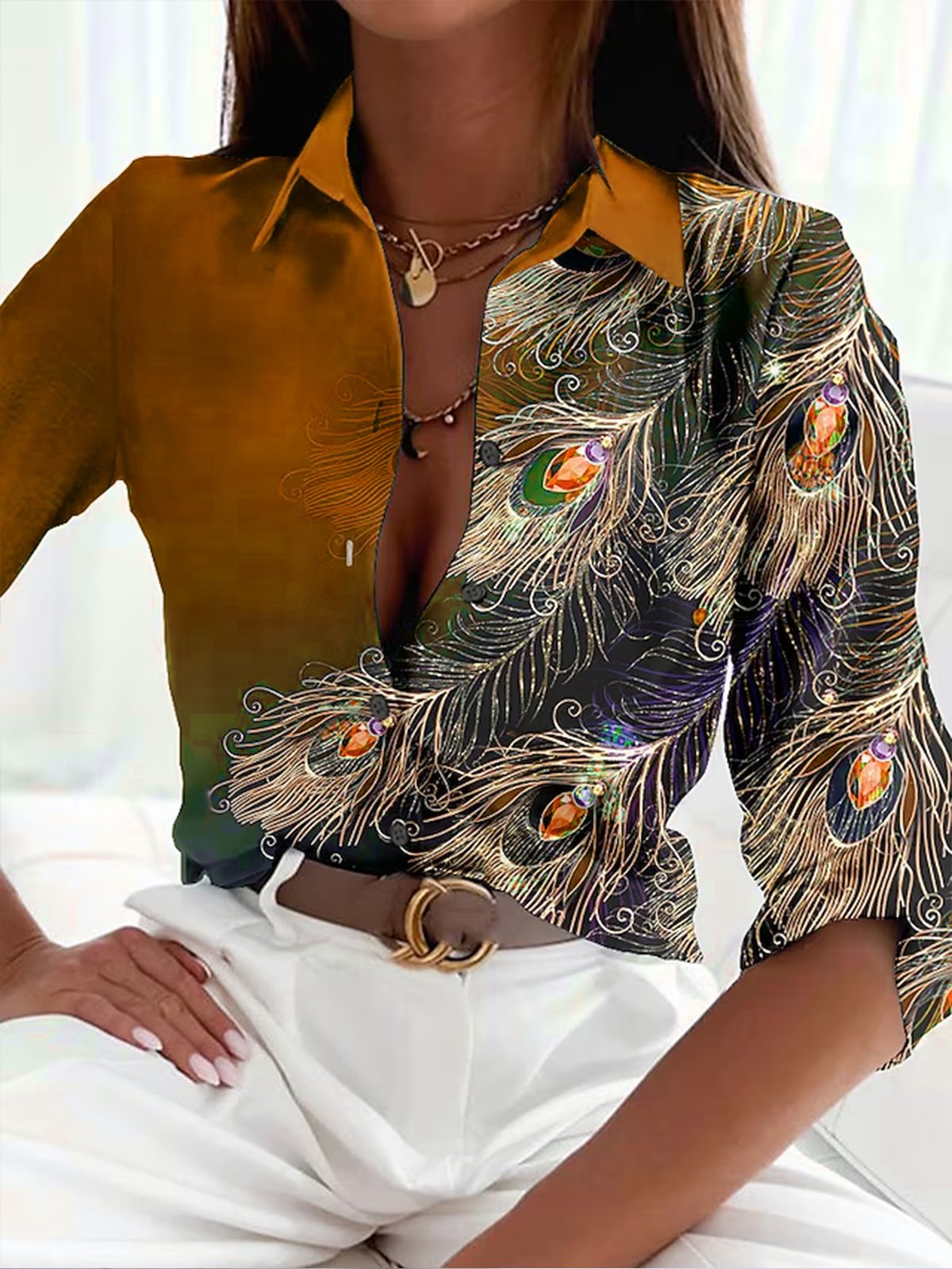 Women's Blouse – Fitted Silhouette – Luxurious Fabric – Feather Pattern – Deep V-Neckline
