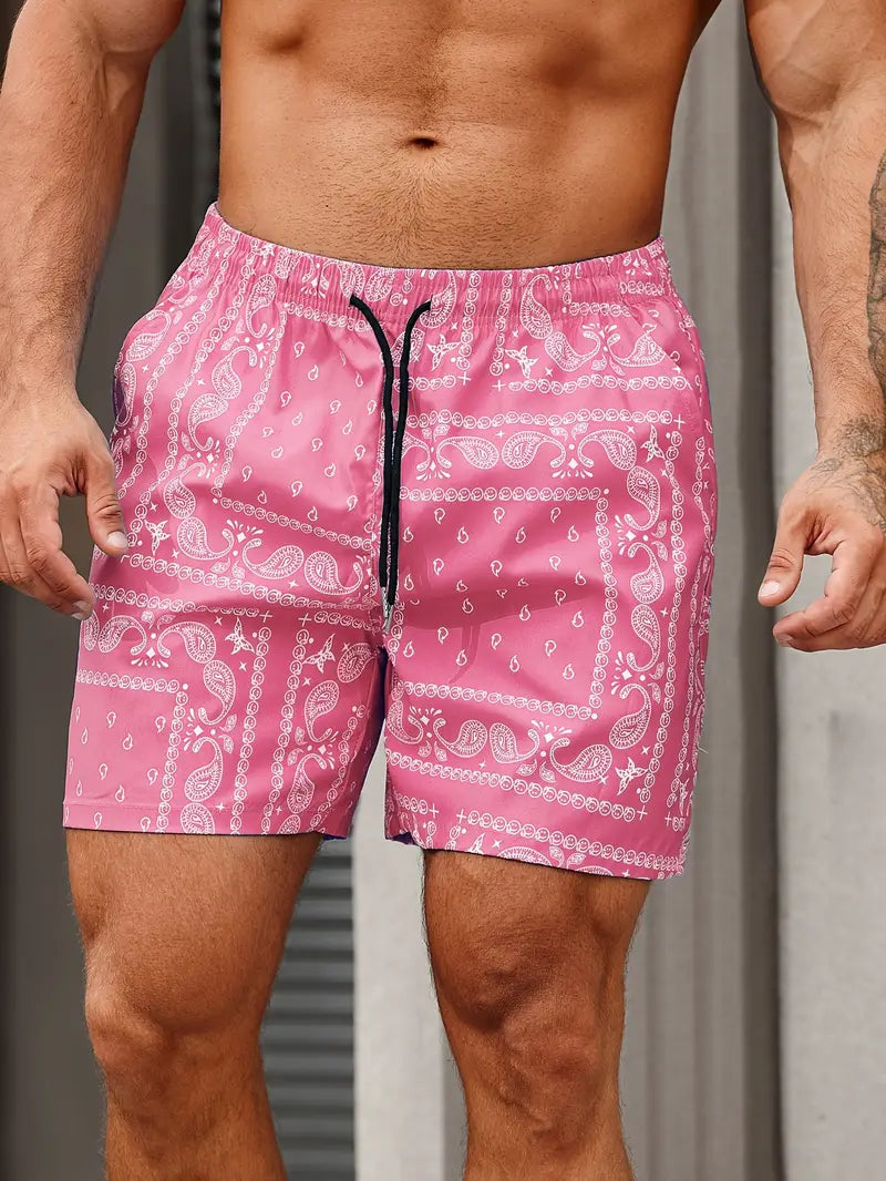 Men's Swim Shorts – Quick-Drying Fabric – Relaxed Fit – Bandana Pattern – Mid-Length