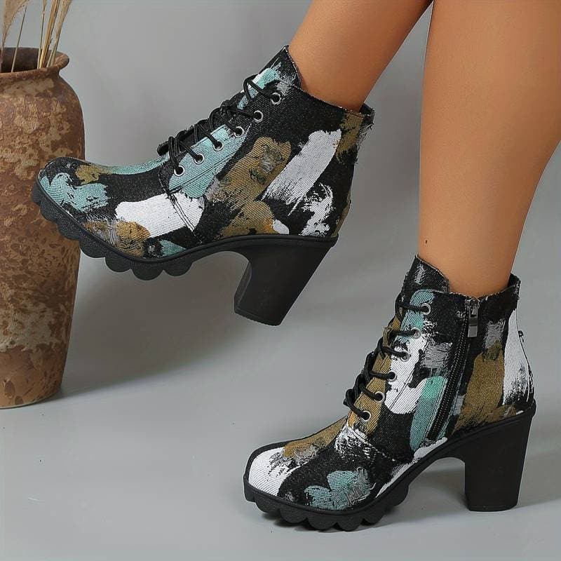 Women's Ankle Boots - Patterned Textile - Lacing - Block Heel - Chunky Sole