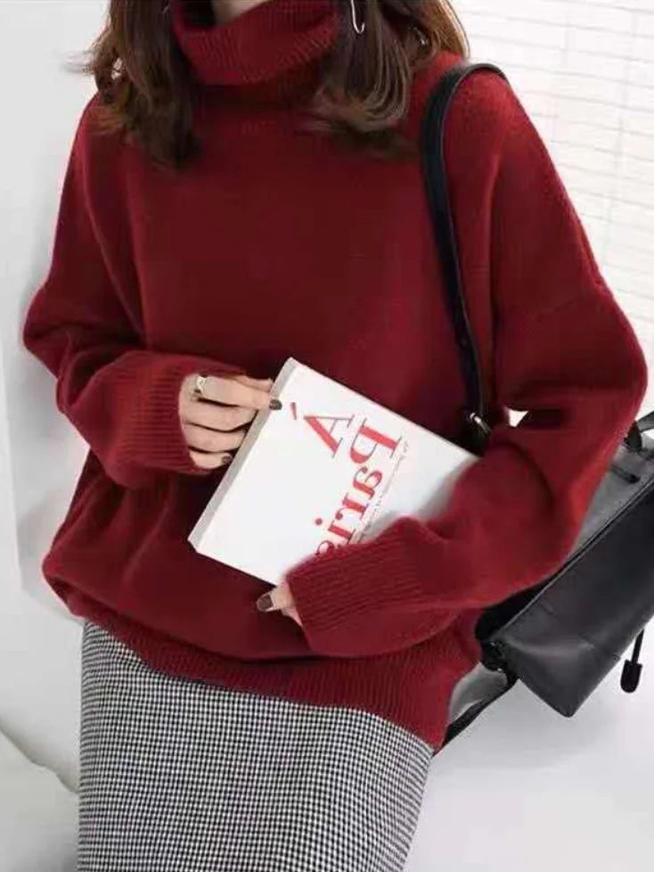 Women's Sweater with High Neck – Wool Blend – Relaxed Fit – Ribbed Knit – Hip Length