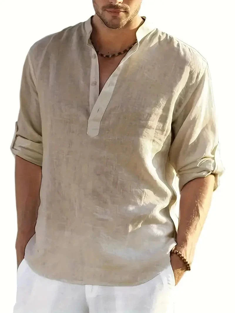 Men's Shirt - Relaxed Fit - Stand Collar - Breathable Lightweight Fabric - Long Sleeve