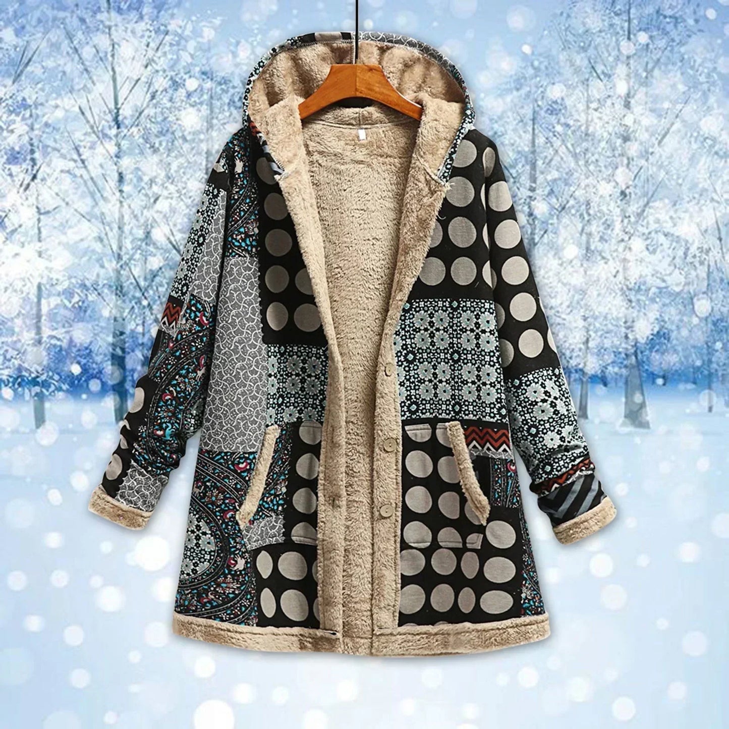 Women's Fleece Jacket – Relaxed Fit – Hood – Patchwork – Long Model
