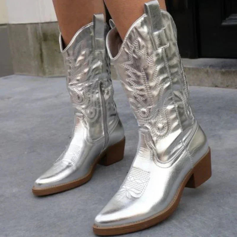 Women's Cowboy Boots – Mid Height – Glossy Finish – Decorative Stitching and Zipper
