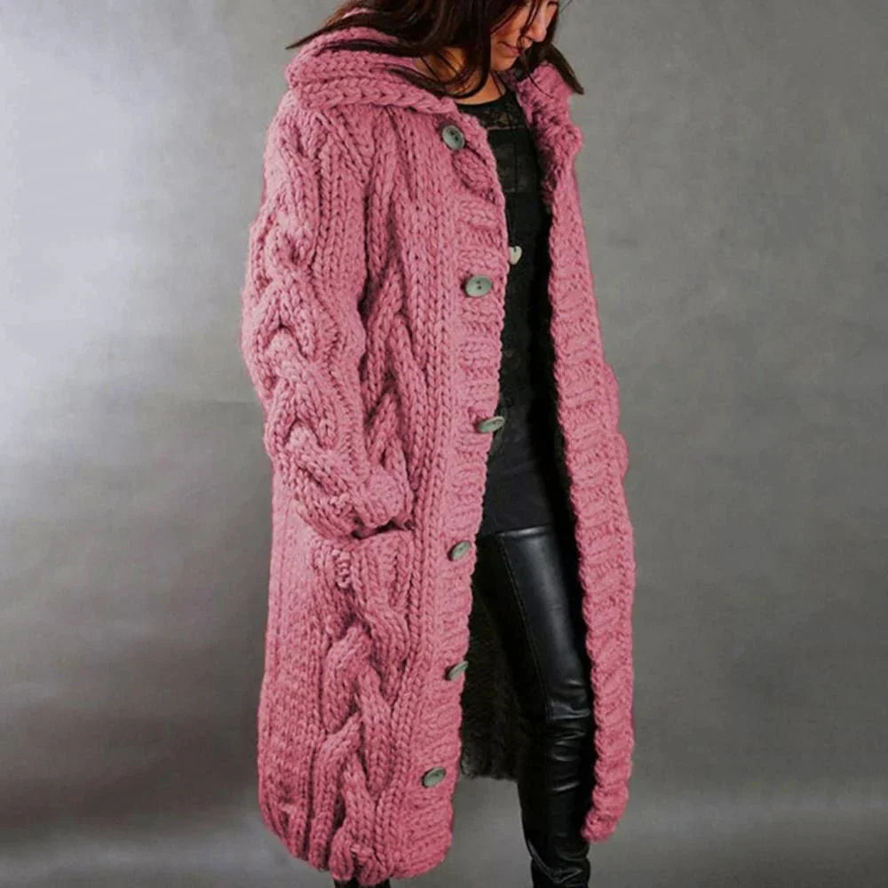 Women's Coat – Oversized Fit – Hood – Heavy Cable Knit – Long Model