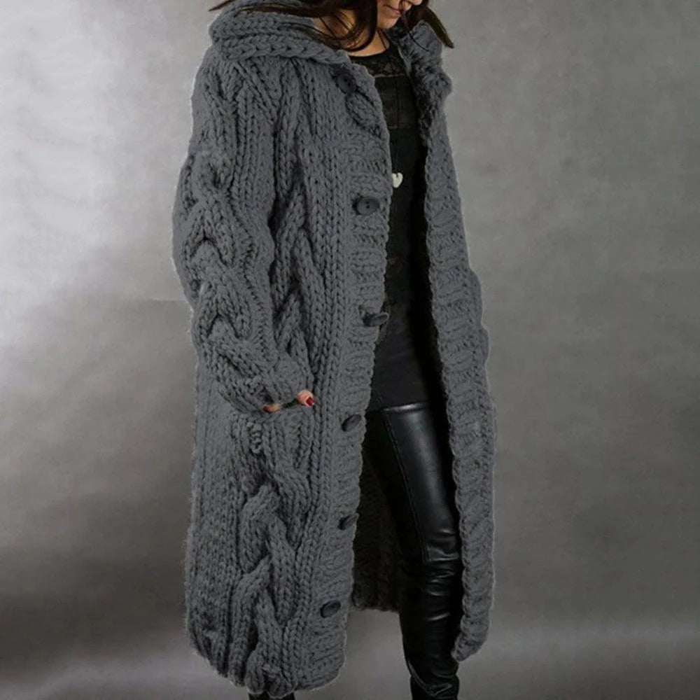 Women's Coat – Oversized Fit – Hood – Heavy Cable Knit – Long Model