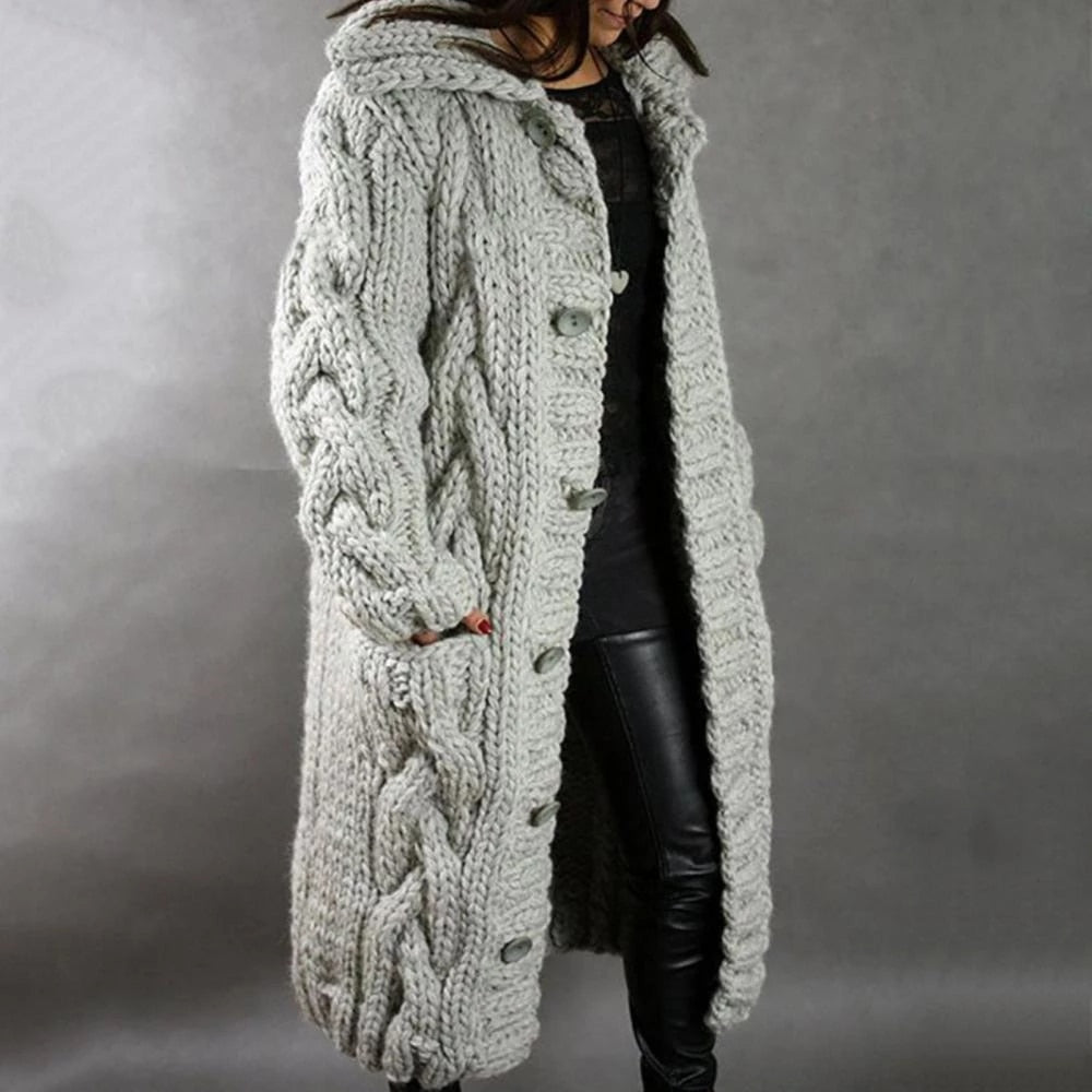 Women's Coat – Oversized Fit – Hood – Heavy Cable Knit – Long Model