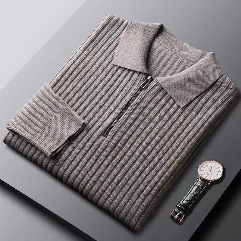 Men's Sweater – Wool – Half Zipper – Ribbed Knit – Polo Collar – Regular Fit