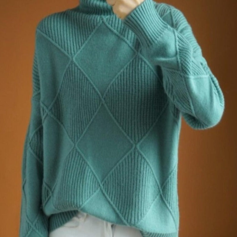 Women's Sweater - High Neck - Soft Knit with Geometric Pattern - Relaxed Fit
